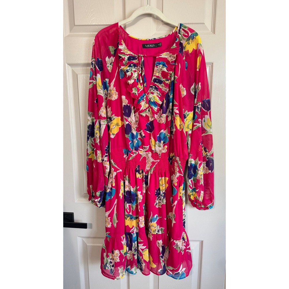 Lauren Ralph Lauren Pink Floral Ruffle Smocked Waist Dress Size 18 Romantic